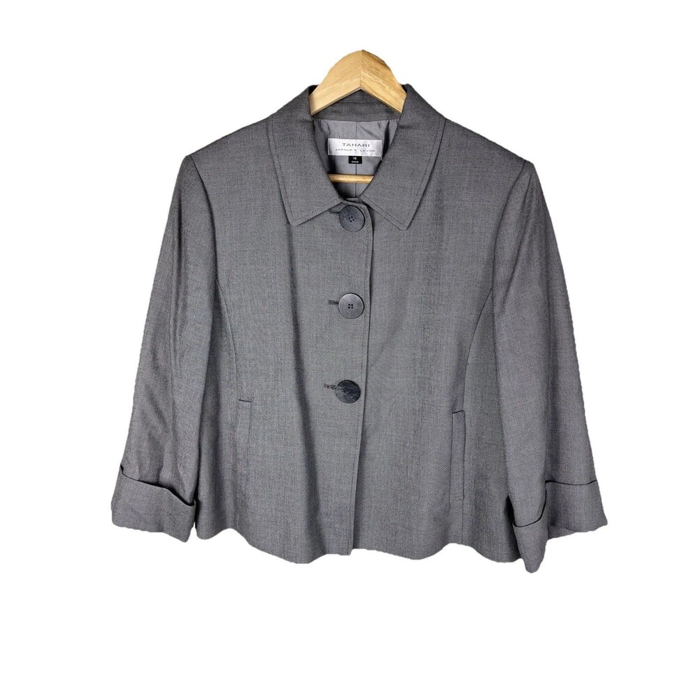 Tahari Arthur S. Levine Sz 16 Gray Jacket Lined 3-Button Career Blazer 3/4 Sleev
